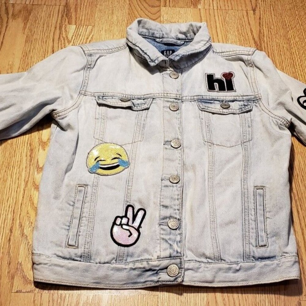 Gap Girls Emoji Jean Jacket  Size: XXL Regular  Smiley Face  Cat  Pockets